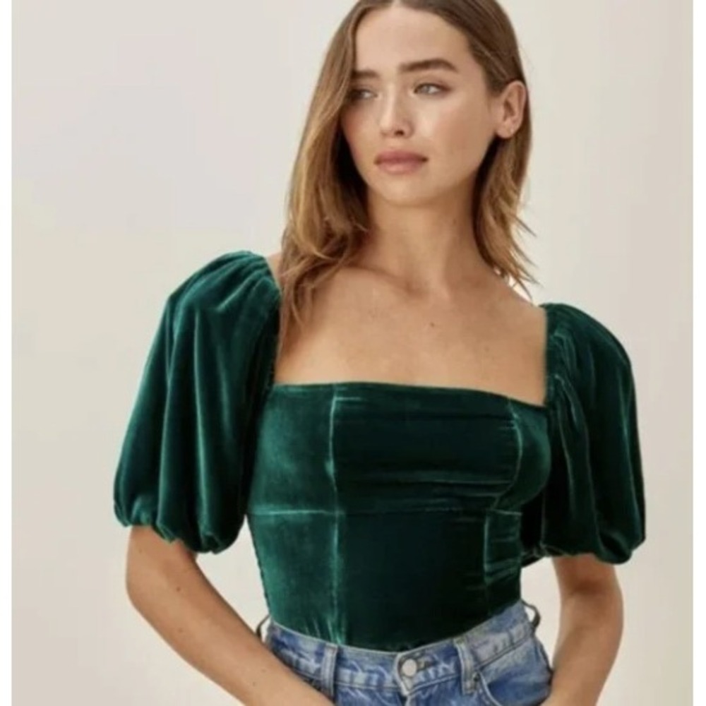 Reformation Luka‎ Velvet Top Emerald Green Women's Size 0 Puff Sleeves Cottage